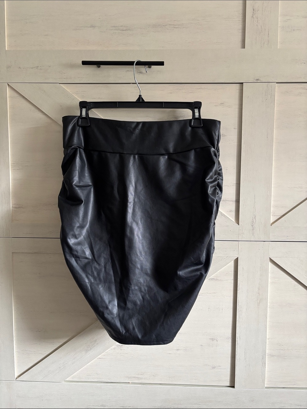 HALARA Black Faux Leather Pencil Skirt with Side Ruching